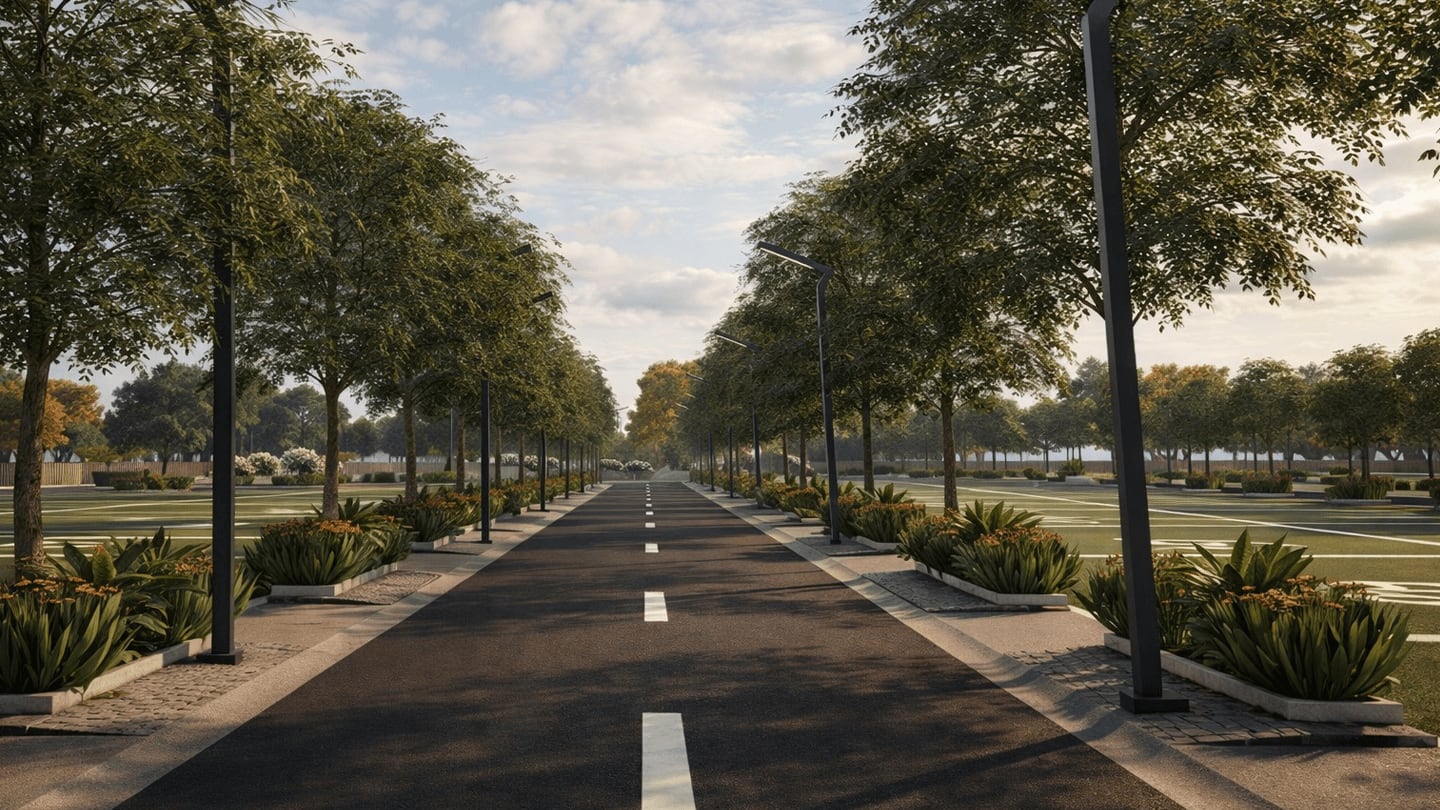 The tree-lined internal boulevard at GT Landmark, looking down the central avenue between planted verges