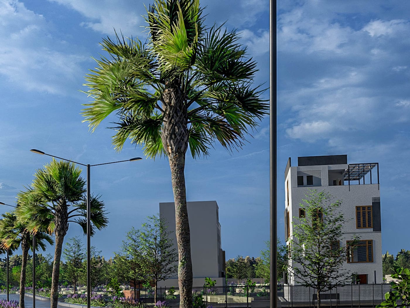 A landscaped internal avenue with palms and street lighting