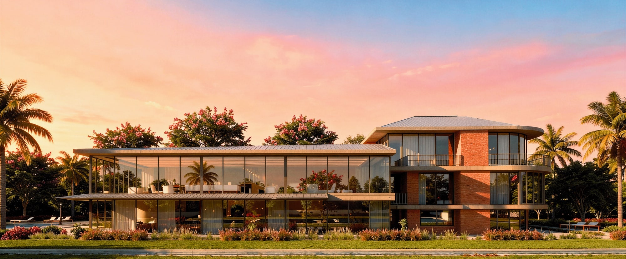 Architectural rendering of the GT Landmark clubhouse at dusk: a long glazed pavilion beside a three-storey brick and glass volume, with palms and flowering trees along the lawn
