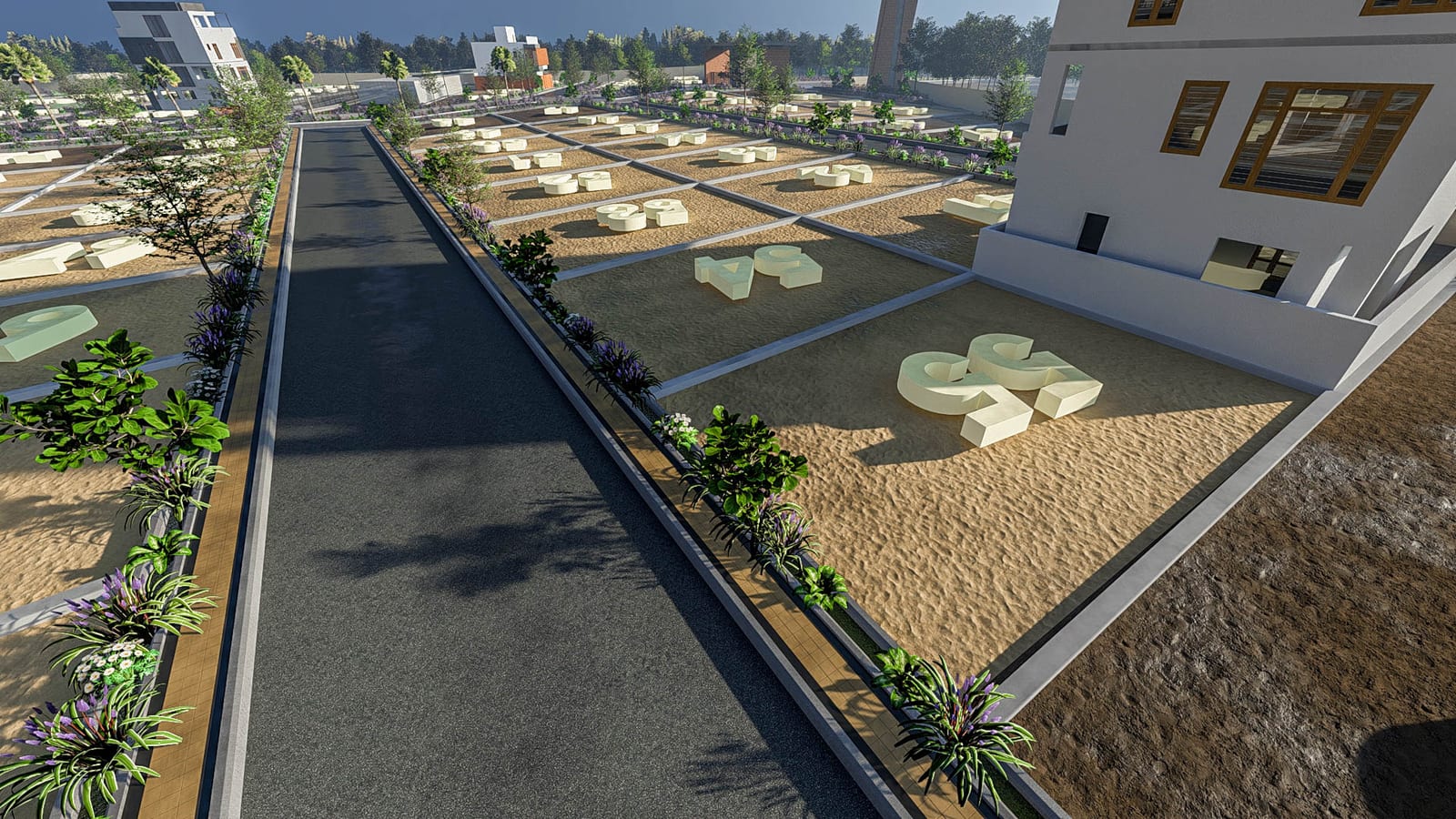 Villas on completed plots, seen across the layout