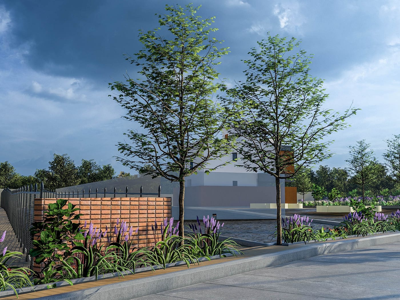 Kerb, footpath and avenue planting at an internal junction