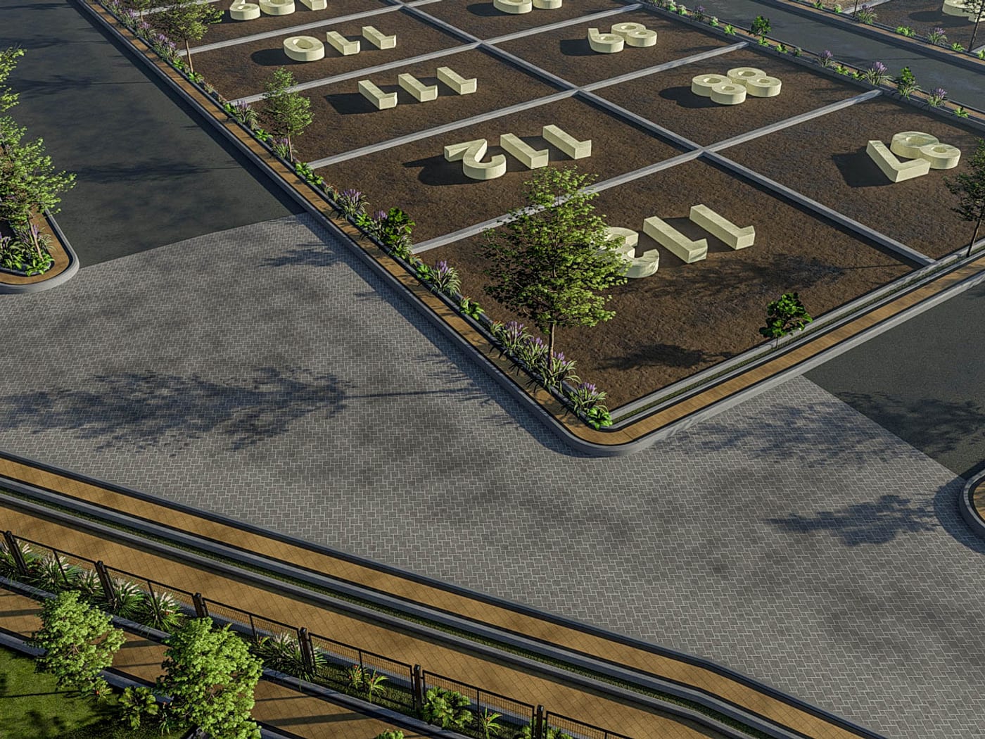 Numbered plots with a completed villa