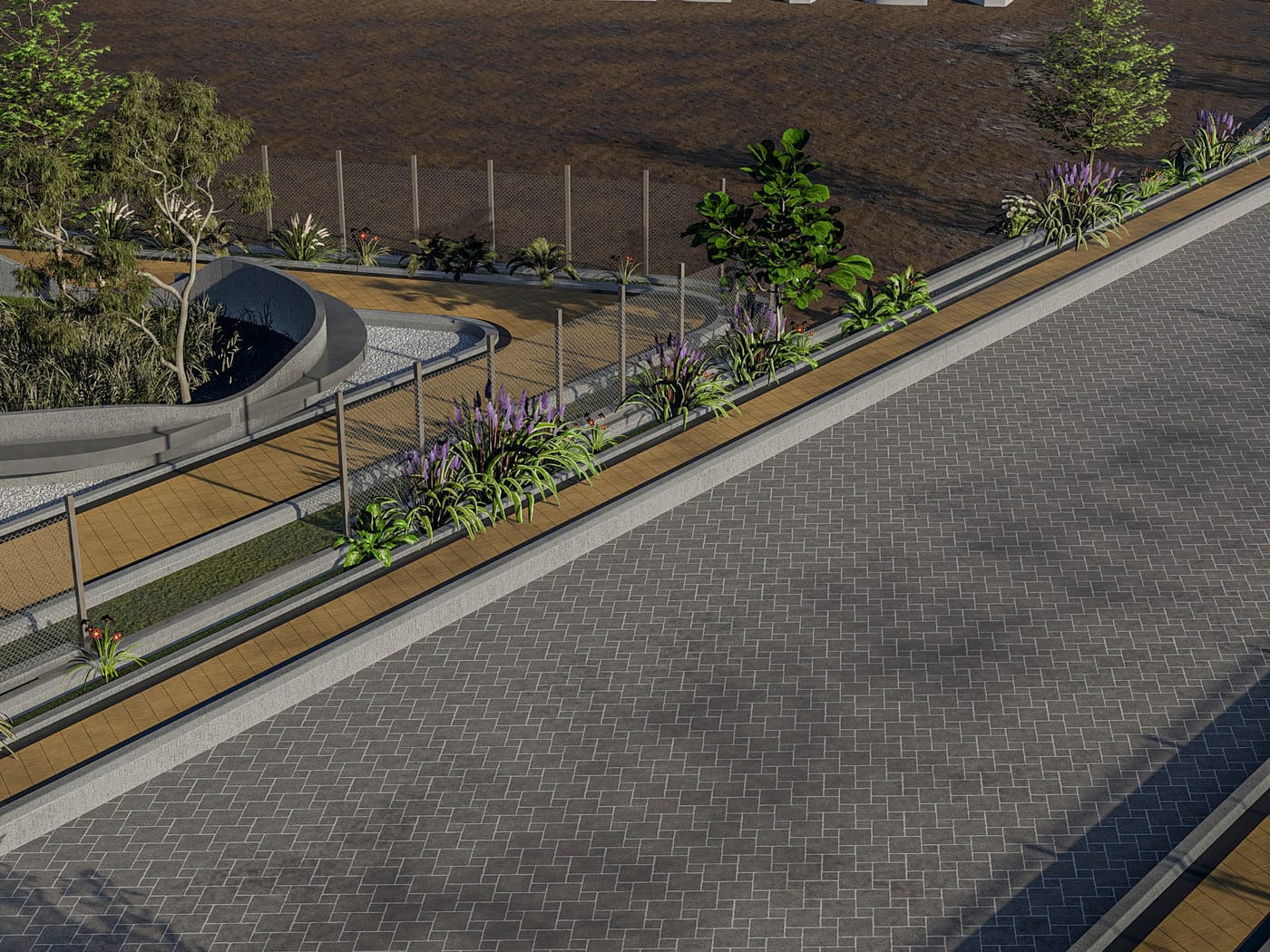 A footpath and planting strip along an internal road