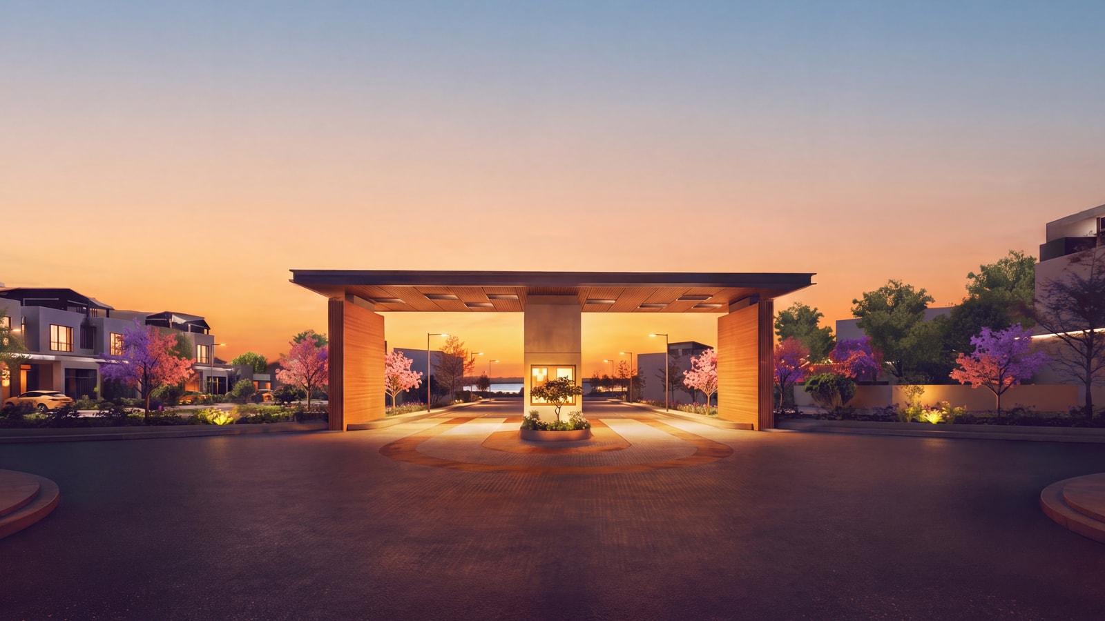 The GT Landmark entrance gate at dusk: a cantilevered canopy on timber-clad piers over the entry plaza, with the avenue and jacaranda beyond