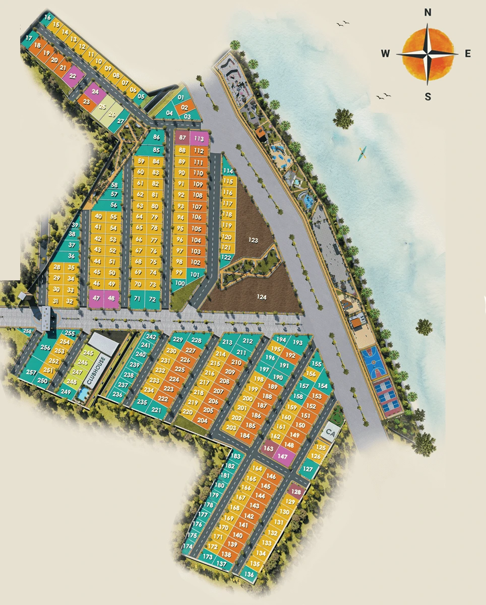 Approved master plan of GT Landmark, showing all 258 numbered plots, the internal road layout and the clubhouse